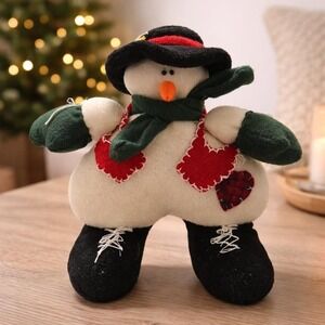 Vintage Plush Snowman Holiday Decoration Red Hearts Top Hat